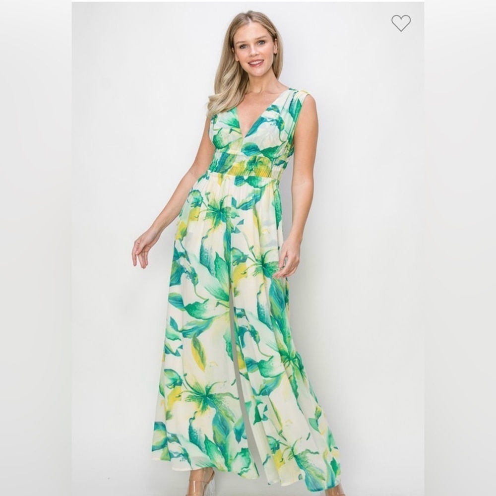 Green Tropical Floral Print Chiffon Jumpsuit